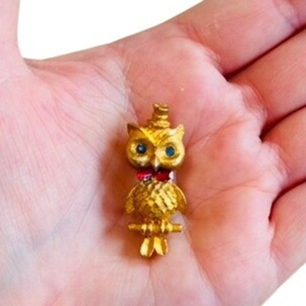 VTG Mamselle Whimsical Owl‎ Brooch Pin Figural Rhinestone Gold Tone Retro 60s